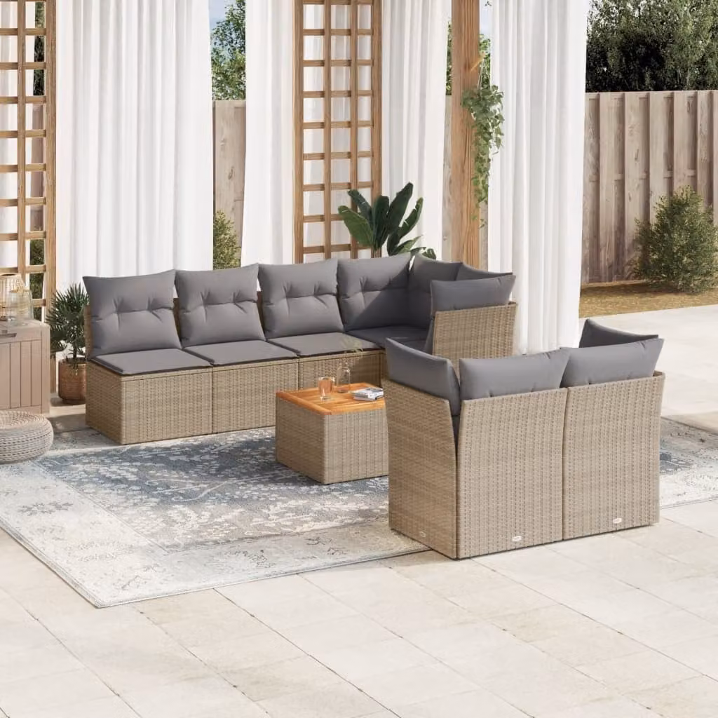 vidaXL Set Divano da Giardino 8 pz in Polyrattan con Cuscini Beige e Tavolino da Esterno – 1