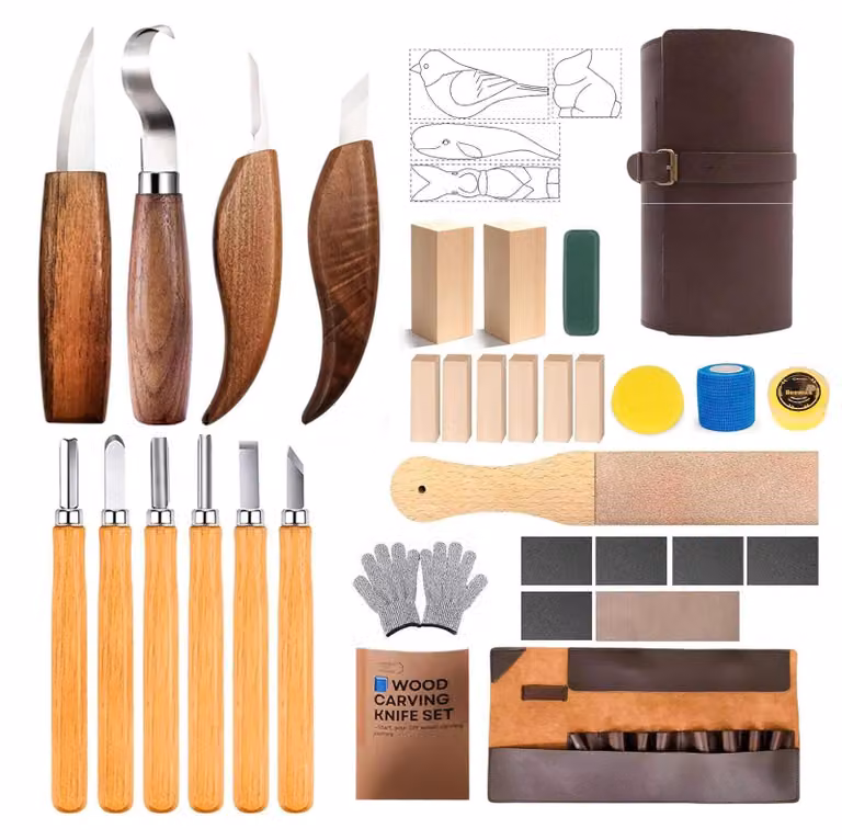Omgoods - Set di utensili per intaglio del legno, con coltello da taglio e carta vetrata