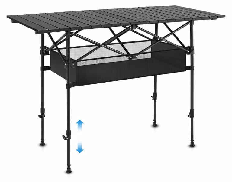 Tavolo da campeggio - Tavolo da esterno pieghevole in alluminio - 120 cm - Regolabile - Per 4 persone - Rettangolare - Con vano portaoggetti e borsa per il trasporto - Nero