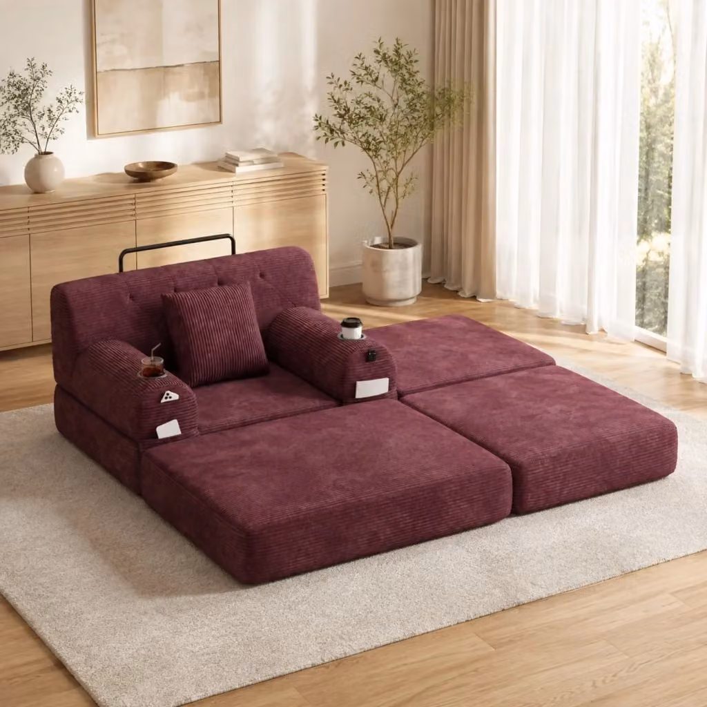 Divano letto MIVRAY in velluto a coste rosso con funzione notte, portabevande e tasche laterali – 2