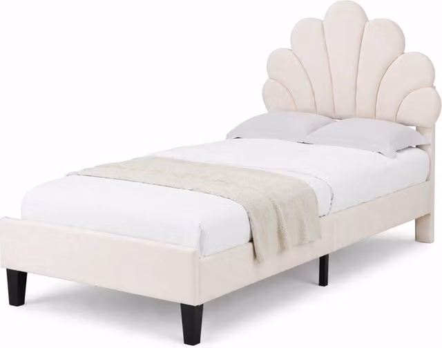 Letto singolo imbottito 90x200 cm con testiera a fiore e rete a doghe; velluto beige