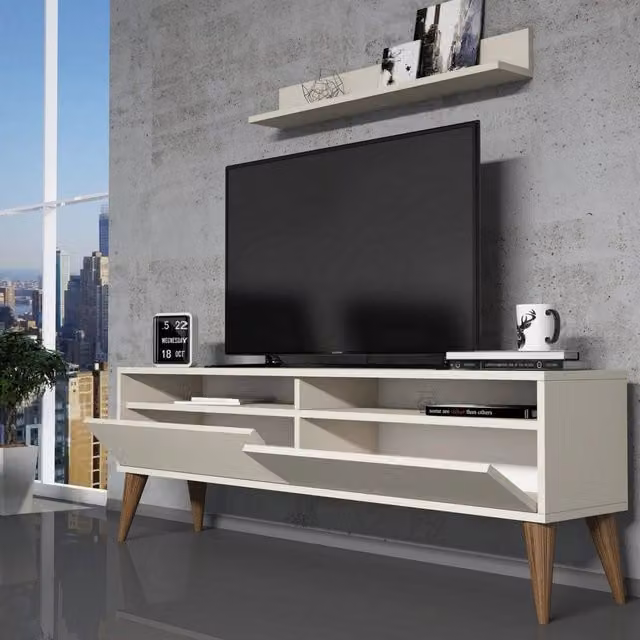 Mobile Porta TV DMORA con 3 Ripiani, Bianco e Crema, L 150 x P 30 x H 50 cm