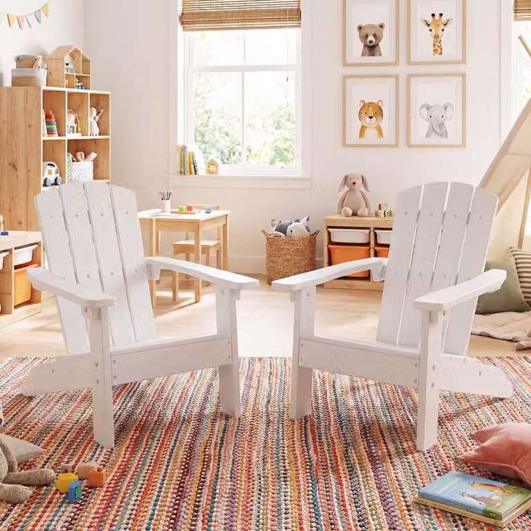 Set di 2 sedie Adirondack per bambini Costway in plastica resistente alle intemperie, poltrone da giardino con schienale a doghe e braccioli, Bianco