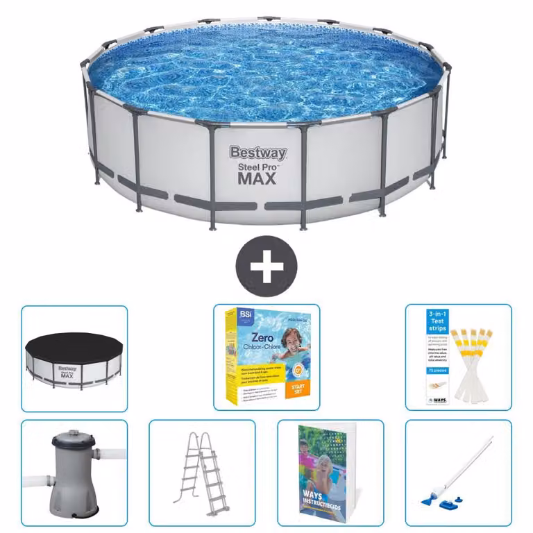 Bestway Steel Pro MAX, piscina in acciaio, forma rotonda, dimensioni 488x122 cm, composta da 6 parti, modello S544