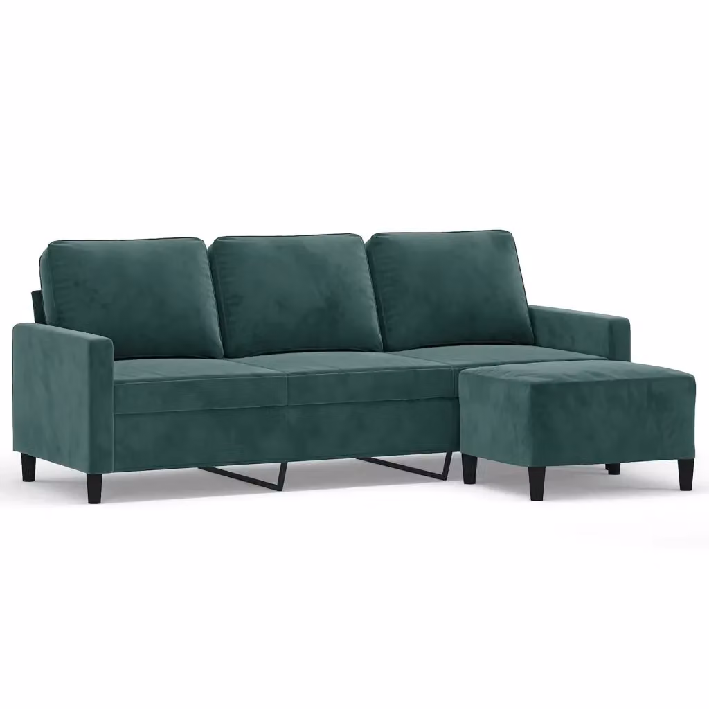vidaXL Divano a 3 Posti in Velluto Verde con Poggiapiedi Coordinato L: 198 cm, P: 80 cm, H: 77 cm – 2
