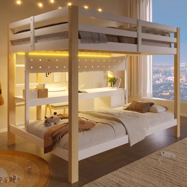 Letto a castello 140x200 cm con scrivania; cassetti e pannello forato in legno naturale e bianco