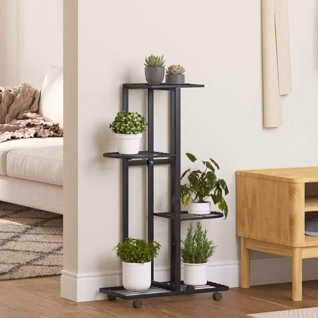 Fioriera vidaXL a 4 Piani con Ruote in Metallo Nero per Giardino, L 44 cm x P 23 cm x H 80 cm