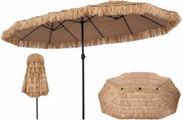 Ombrellone di paglia con LED e base e manovella, Parasole hawaiano da giardino con stecche robuste e palo metallo