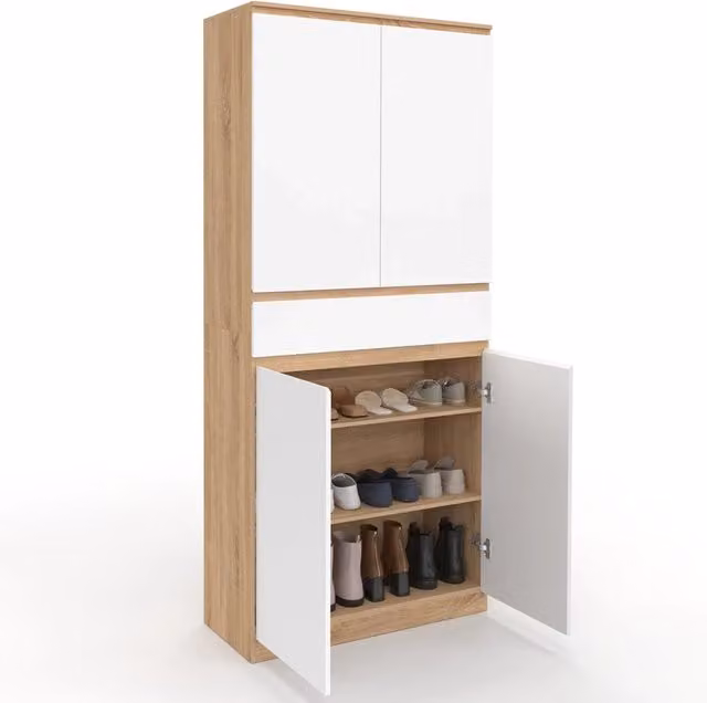 IDMarket Scarpiera TOMI in stile scandinavo con 4 ante e 1 cassetto, finitura faggio e bianco, H 180 x L 35,5 x P 35,5 cm