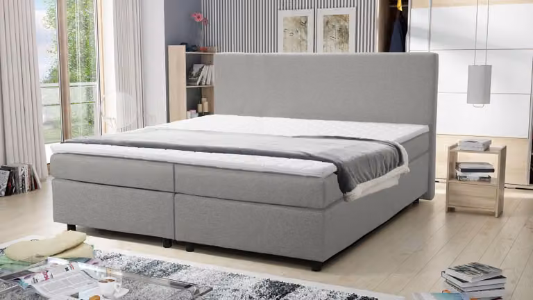 Letto boxspring 180x200, modello da hotel con rete a molle Bonell e coprimaterasso Paxos 4, grigio chiaro