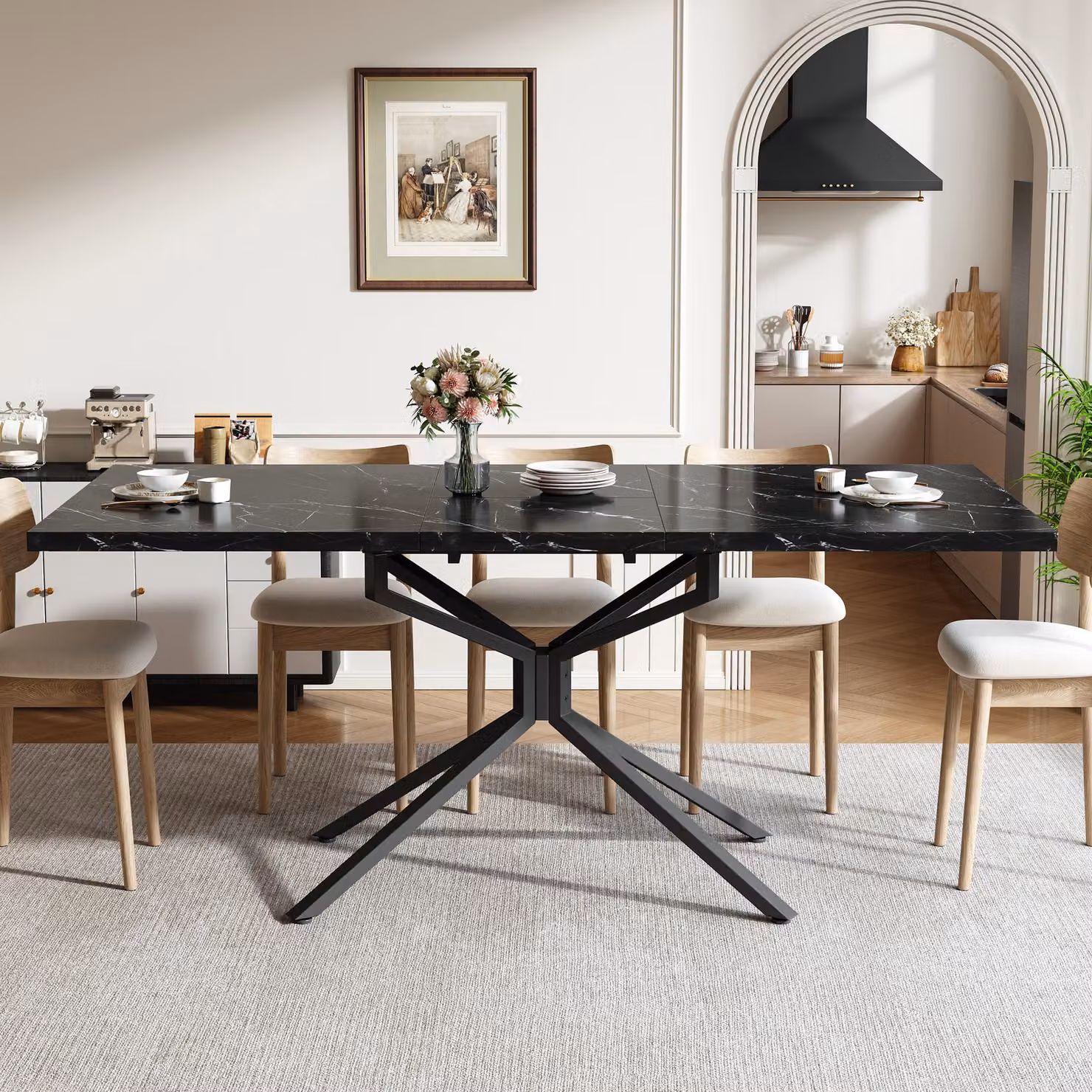 Tavolo allungabile Flieks, adatto per 4-6 persone, tavolo da cucina/sala da pranzo con struttura in metallo, forma rettangolare, dimensioni 120/160x90 cm, colore nero