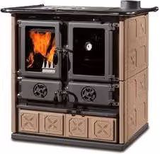 Stufa a legna Nordica Rosetta 7,9kW con rivestimento in maiolica color tortora, L: 88,5 cm, P: 57,2 cm, H: 84,3 cm