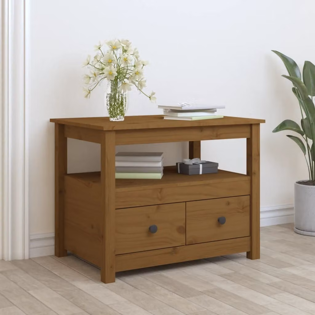The Living Store Tavolino da salotto marrone miele 71x49x55 cm in legno di pino massiccio
