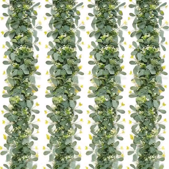 Nastri decorativi in eucalipto sintetico con di fiori argentati, versione da 4 pezzi