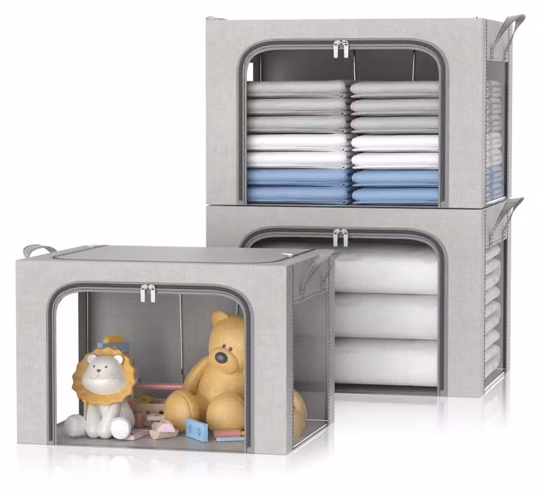 Omgoods - Set di 3 contenitori pieghevoli con struttura in metallo e finestre