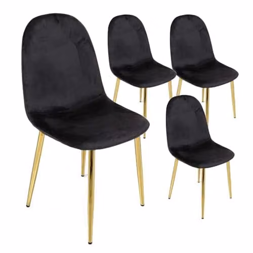 MA MAISON Set 4 Sedie in Velluto Imbottite - Tessuto Tecnico, Colori Vari, Gambe in Metallo Dorato, Seduta Morbida, Stile Elegante e Moderno, Portata Massima di 130kg - 52 x 44 x 88 cm (Nero)