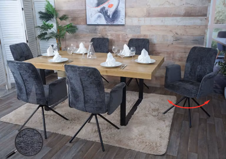 Set di 6 sedie da pranzo modello HWC-N99, girevoli, con braccioli e meccanismo di ritorno automatico, rivestite in tessuto chenille (340g/m²), colore grigio scuro