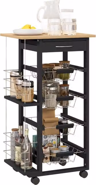 Carrello da cucina con ruote XYLO nero con 4 cestelli estraibili in metallo e cassetto L/P/H: 47 x 37 x 83 cm – 1