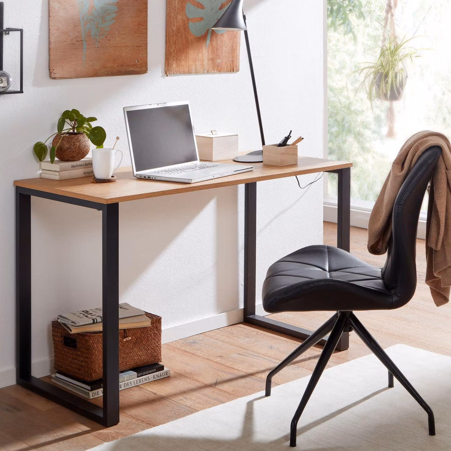 FineBuy Scrivania effetto rovere / nero 120x60x76 cm Scrivania da computer di design per l'home office, scrivania da ufficio compatta e luminosa, tavolino per laptop, scrivania da studio con gambe in metallo