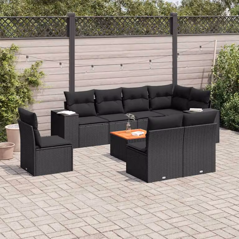 Set di divani da giardino vidaXL in polyrattan nero con cuscini, tavolino e sedute a L per esterno