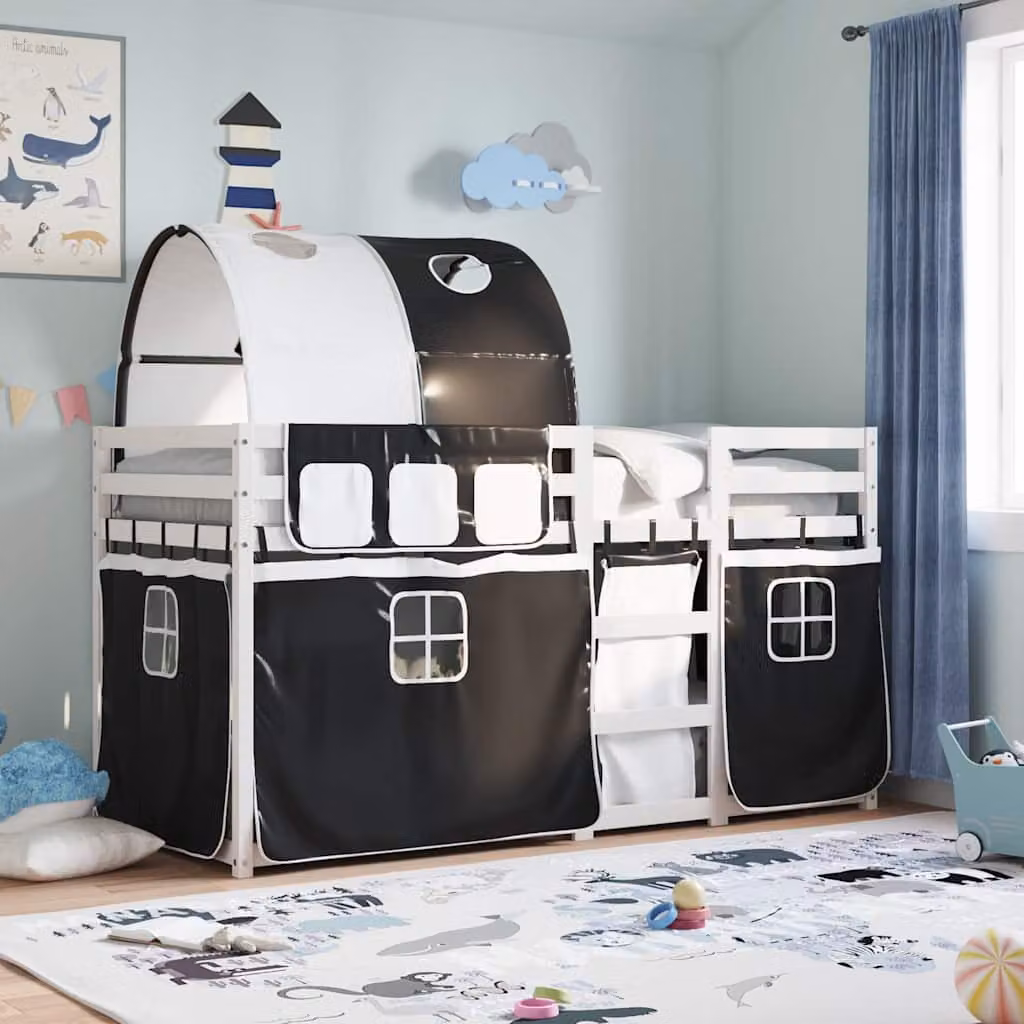 Letto a Castello vidaXL in Legno di Pino per Bambini, Bianco e Nero, L/P/H: 200 x 80 x 160 cm – 1