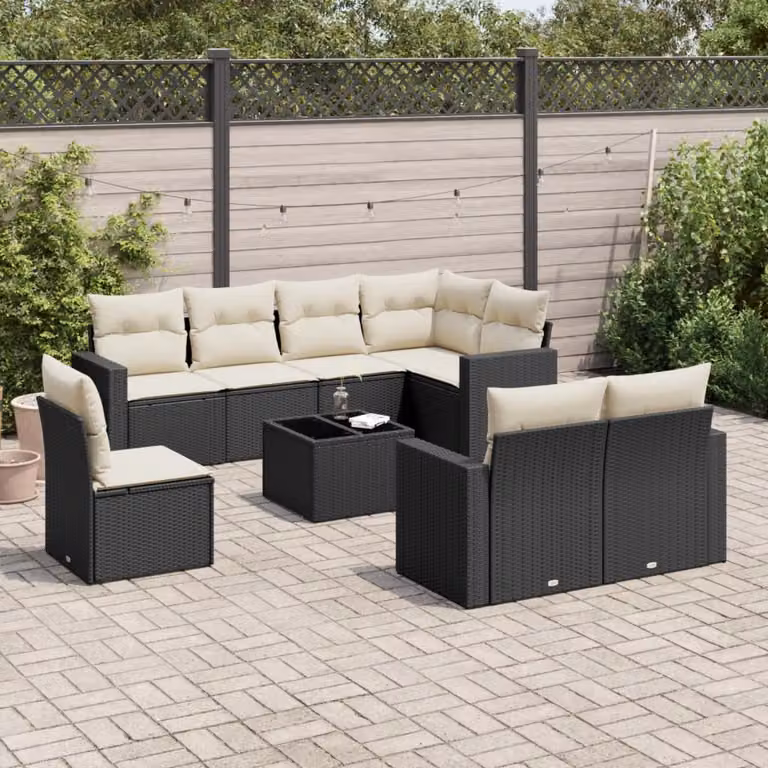 Set di divani da giardino vidaXL in polyrattan nero con 9 pezzi e cuscini inclusi