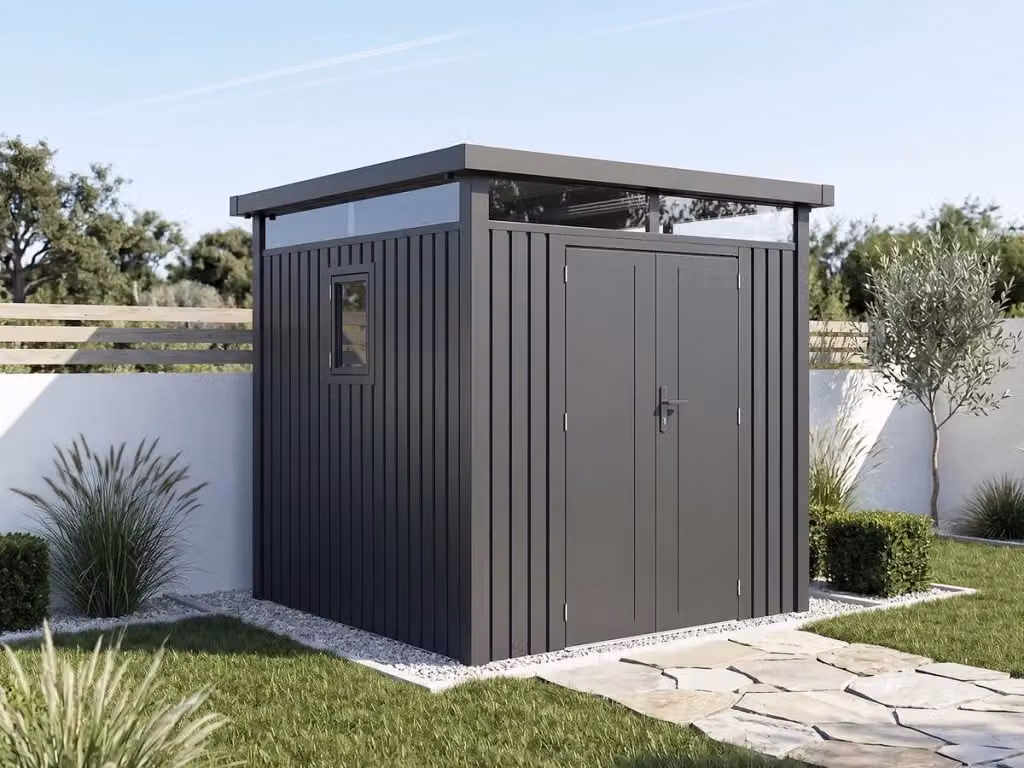 Casetta da giardino Lexinton HABITAT ET JARDIN in acciaio con tetto piano, doppia porta, finestra e serratura, Grigio, 5,29 m² – 2