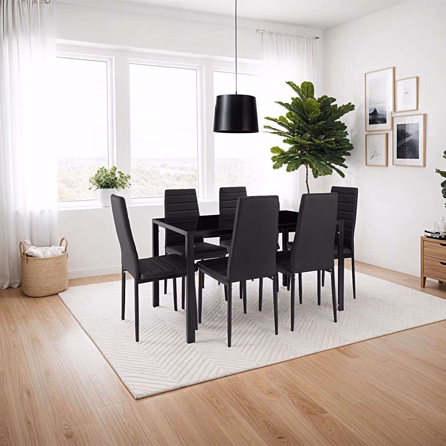Set da pranzo moderno TecTake GmbH Brandenburg composto da tavolo rettangolare in vetro e 7 sedie, colore nero – 2