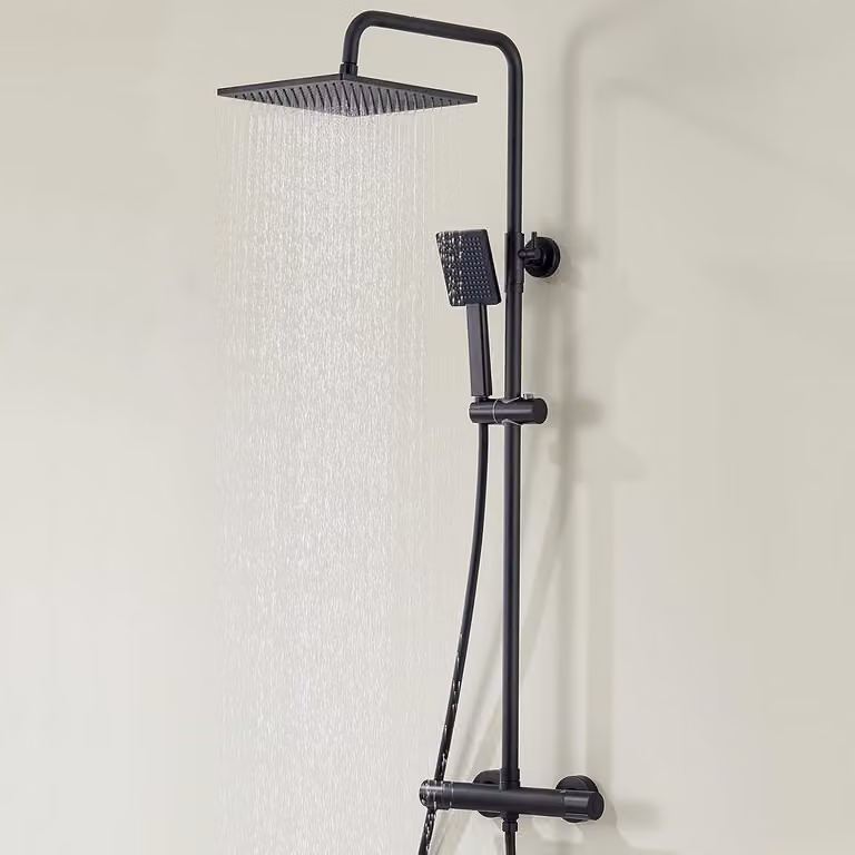 Sistema doccia con termostato, colore nero, dimensioni 25x25 cm. Include: doccia a pioggia, soffione manuale, barra doccia in acciaio inossidabile