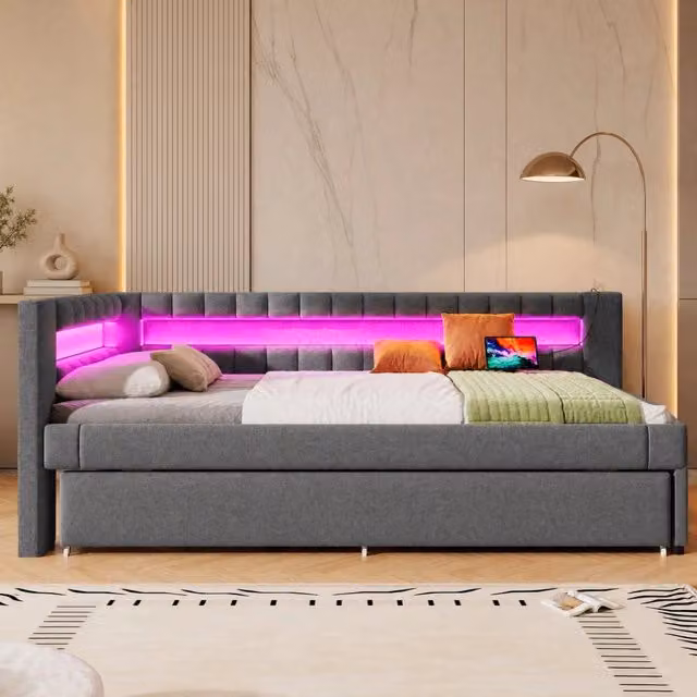 Letto estraibile REDOM in tessuto grigio con illuminazione LED e porte USB, L/P/H: 90 x 200 cm