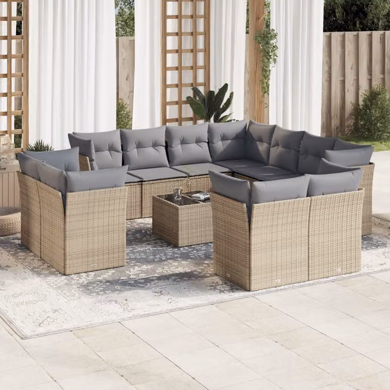 Set di Divani da Giardino vidaXL 12 pz a Forma a U con Cuscini Beige e Tavolino da Esterno in Polyrattan e Metallo
