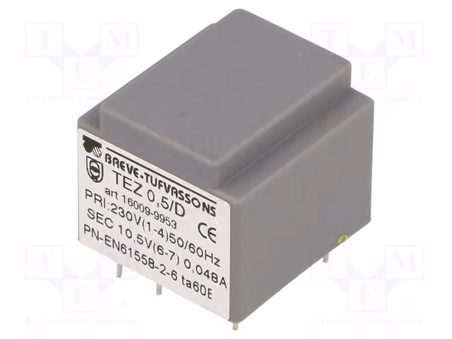 1 trasformatore: rivestito, 0,5 VA, 230 VAC, grado di protezione IP00, 10,5 V, 47,6 mA, 50 g, modello TEZ0.5/D230/10.5V