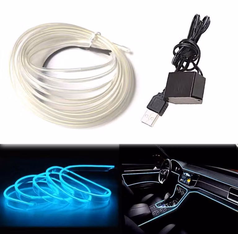 EL-Wire Eisblau 3M: Tubo al neon flessibile a LED, alimentazione a corrente continua 5V, ideale per illuminazione interna e decorazione di automobili