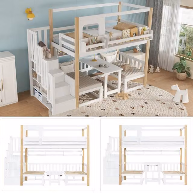 Letto a castello funzionale regolabile in legno massello e MDF 90x200 cm