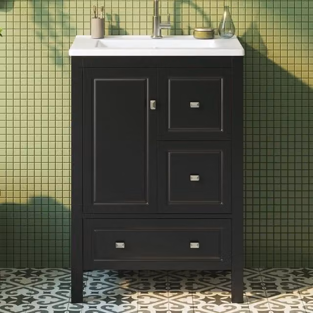 Mobile lavabo bagno 62x47x90 cm, lavandino in ceramica a tenuta stagna, superficie laccata, 3 cassetti con guide silenziose + 1 anta
