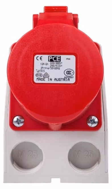 Prese multiple combinate con interruttore di sicurezza, modello 0-1 M25, 16A, 5P, 400V, colore rosso, grado di protezione IP44, codice prodotto 915-6W