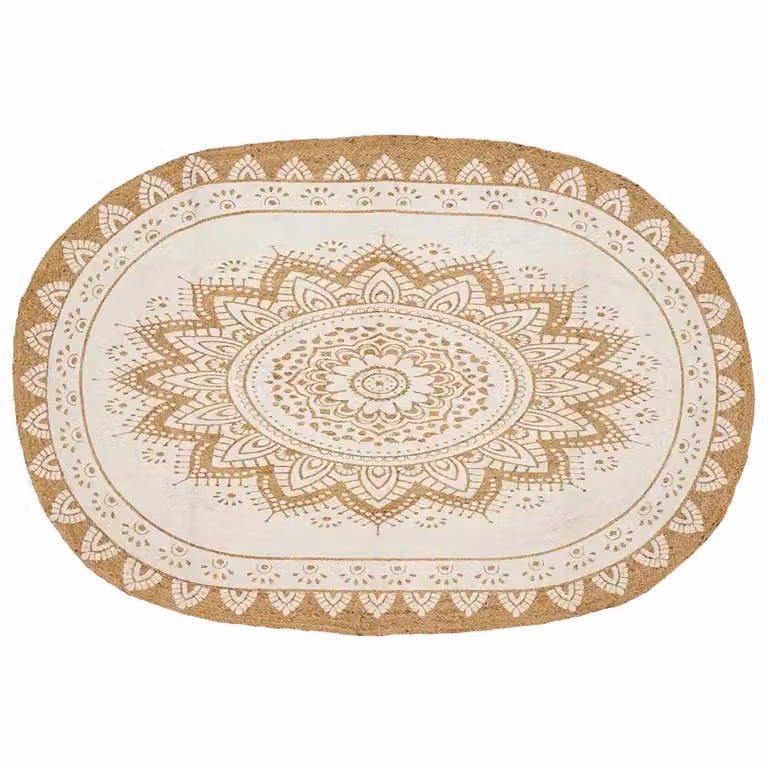Tappeto in juta vidaXL con stampa floreale bianca e beige, ideale per soggiorno o corridoio, L: 152 cm x P: 245 cm