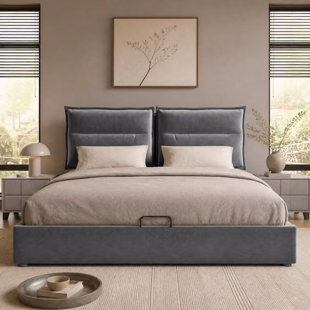 Letto matrimoniale imbottito 140x200 cm con contenitore e testiera regolabile in velluto grigio