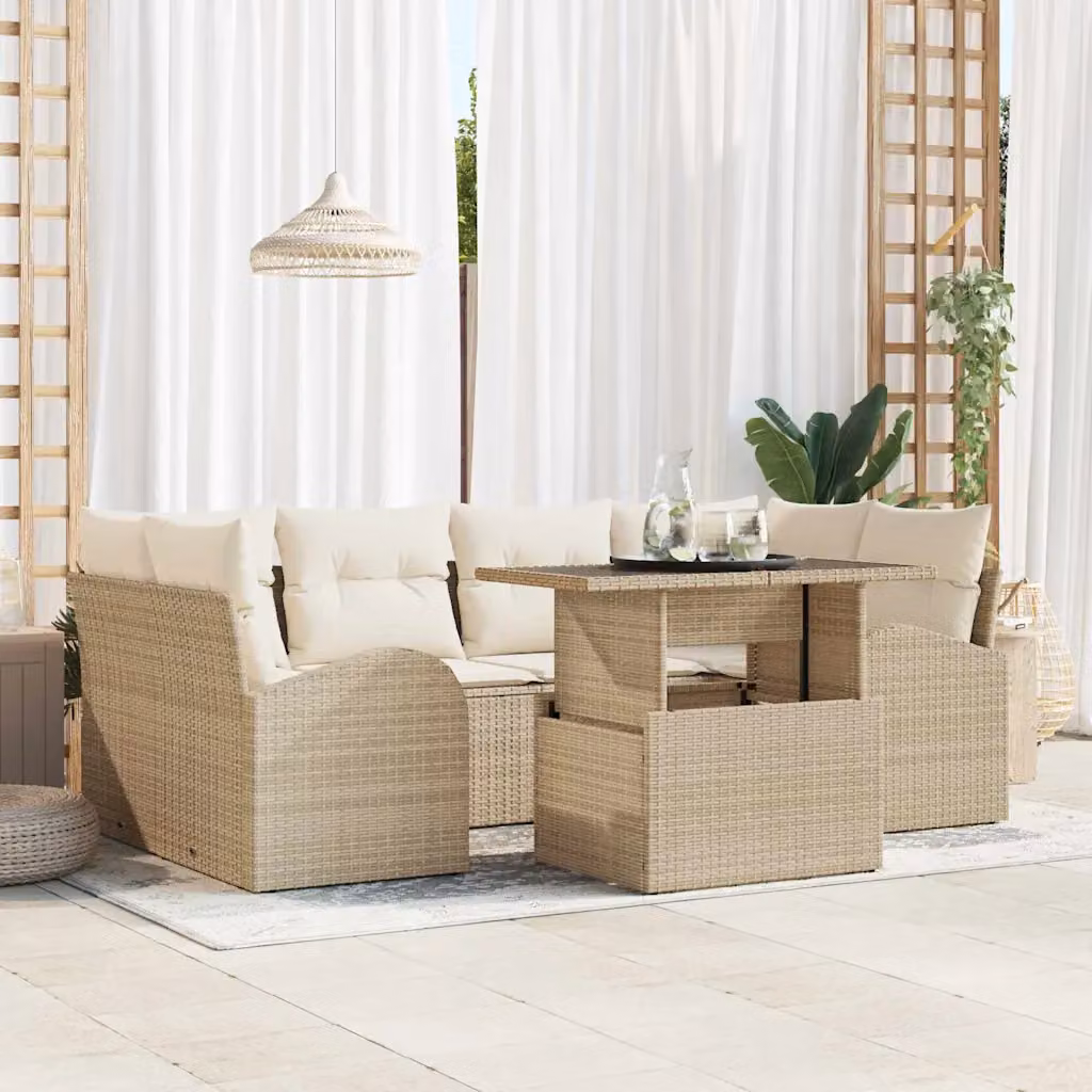 vidaXL Set Divano da Giardino 7 pz a forma di U Beige con Tavolino e Cuscini in Rattan e Metallo
