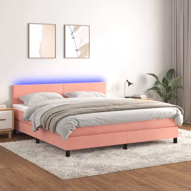 Letto matrimoniale con materasso ibrido vidaXL in velluto rosa e bianco con illuminazione LED sottostante e porta USB, L: 160 cm, P: 200 cm, H: 203 cm