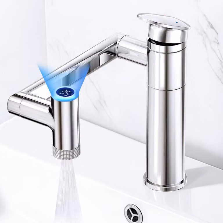 Miscelatore per lavabo, girevole a 1080°, regolabile in altezza, con indicatore di temperatura