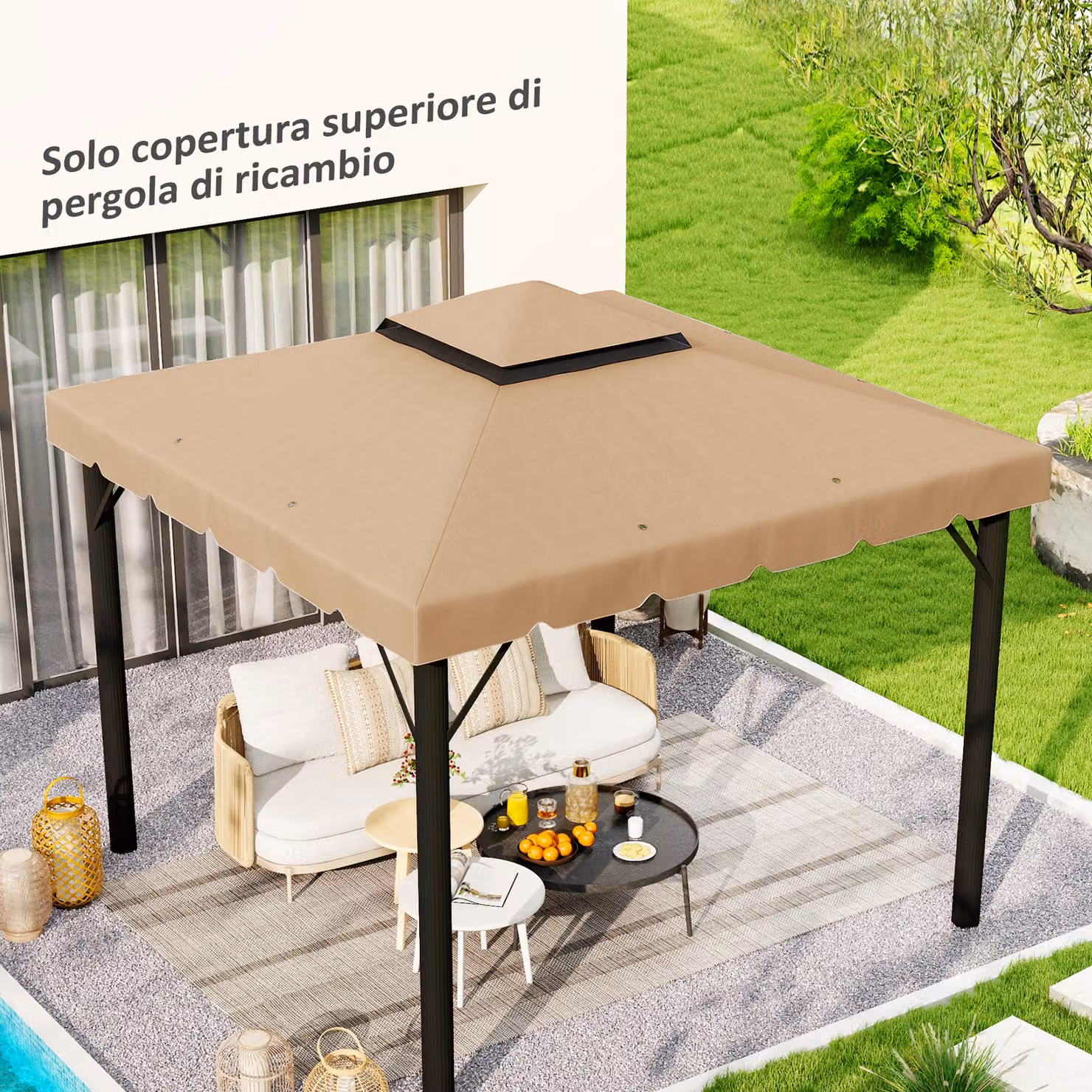 Tetto per Gazebo Outsunny a 2 Livelli in Poliestere con 8 Fori di Drenaggio, L: 300 cm x P: 300 cm, Colore Cachi – 2
