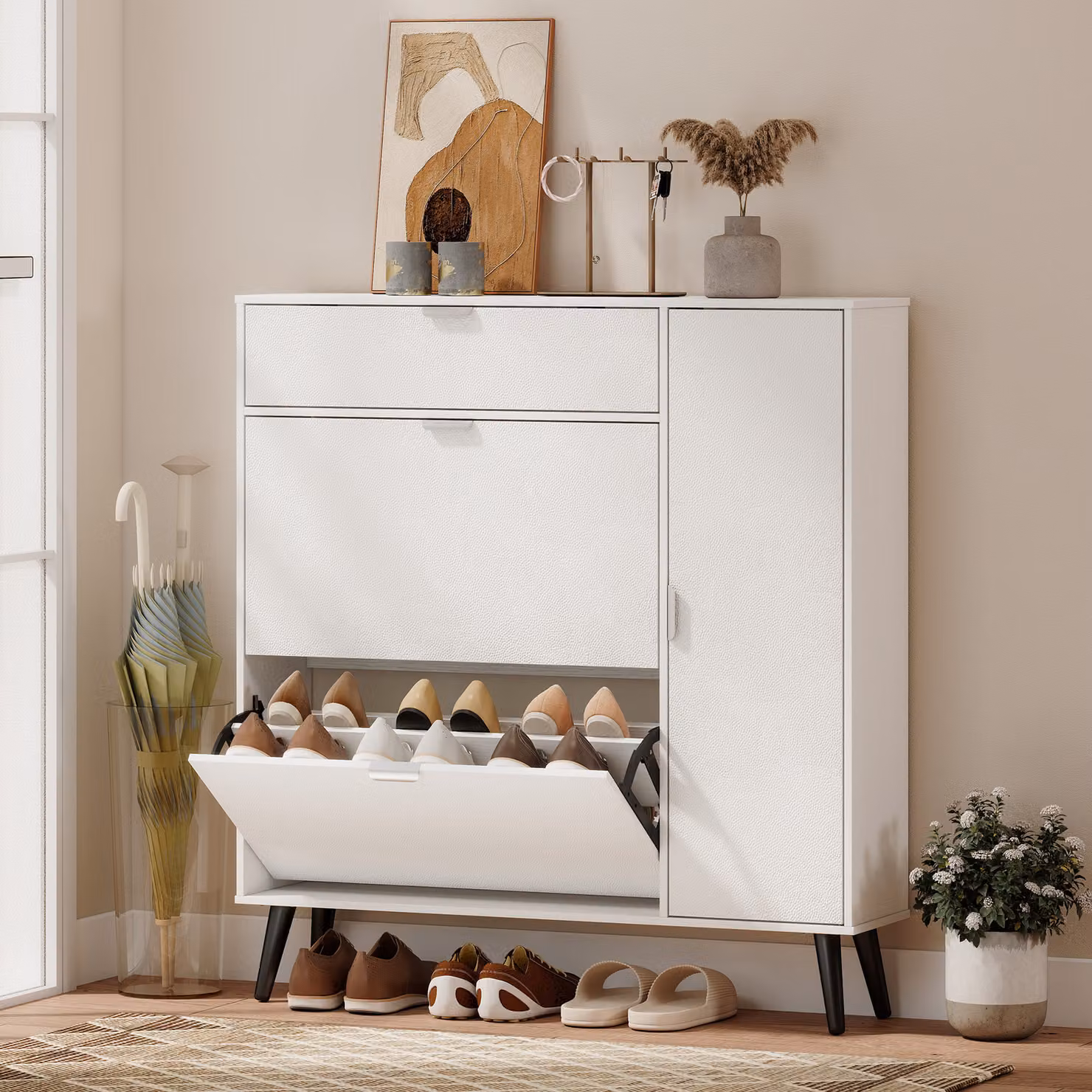 Scarpiera stretta HOMCOM con 2 scomparti ribaltabili e ripiani regolabili, ante effetto pelle litchi, Bianco, L: 99,4 cm, P: 23,8 cm, H: 106,6 cm – 2