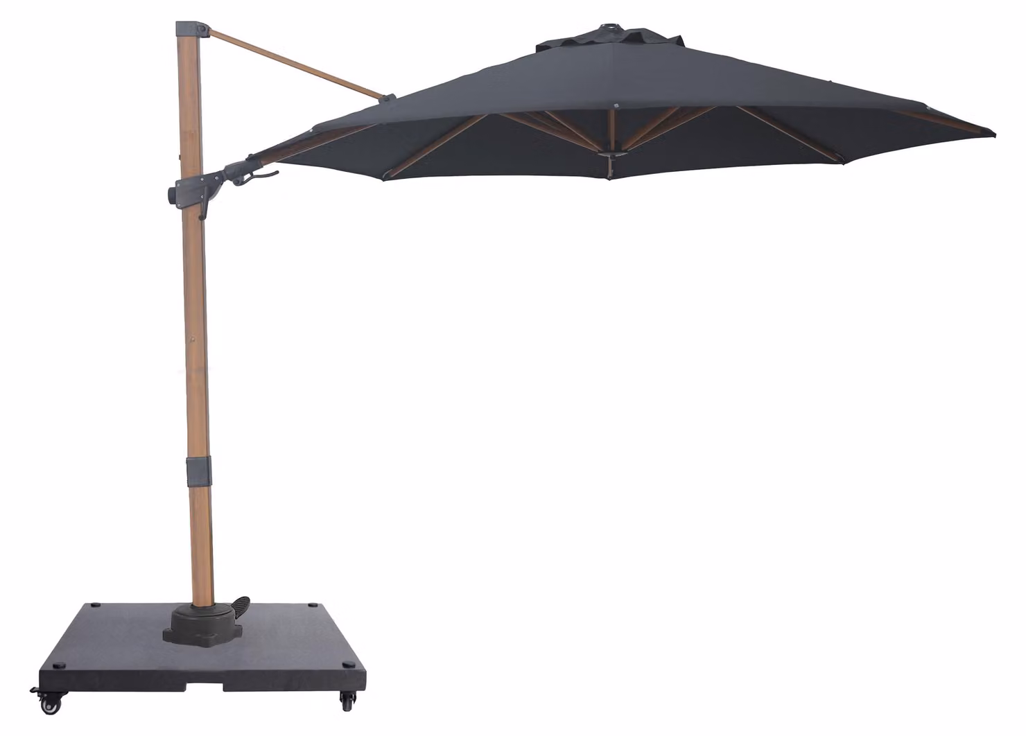 AXI Solis Ombrellone Decentrato rotondo 300x300 cm, effetto legno/grigio | Da giardino/terrazza con struttura verniciata a polvere | Include base con