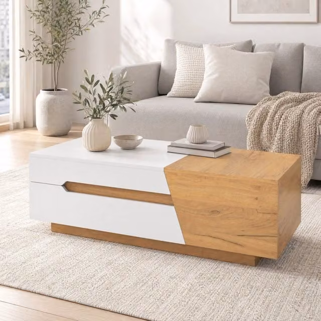 Tavolino da salotto con piano scorrevole e 2 cassetti; 120 x 50 x 37;5 cm; MDF bianco e legno naturale