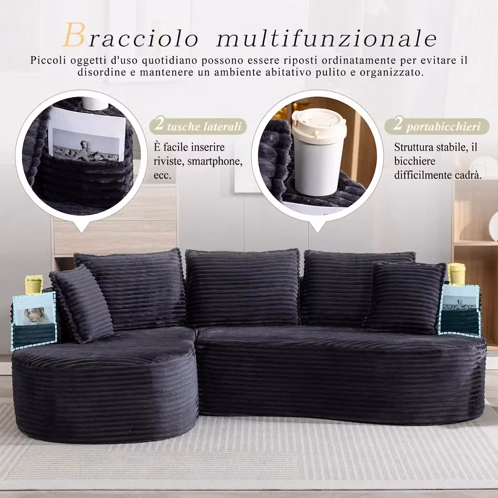 Divano moderno curvo a L in velluto a coste con portabicchieri, Larghezza: 250 cm – 2