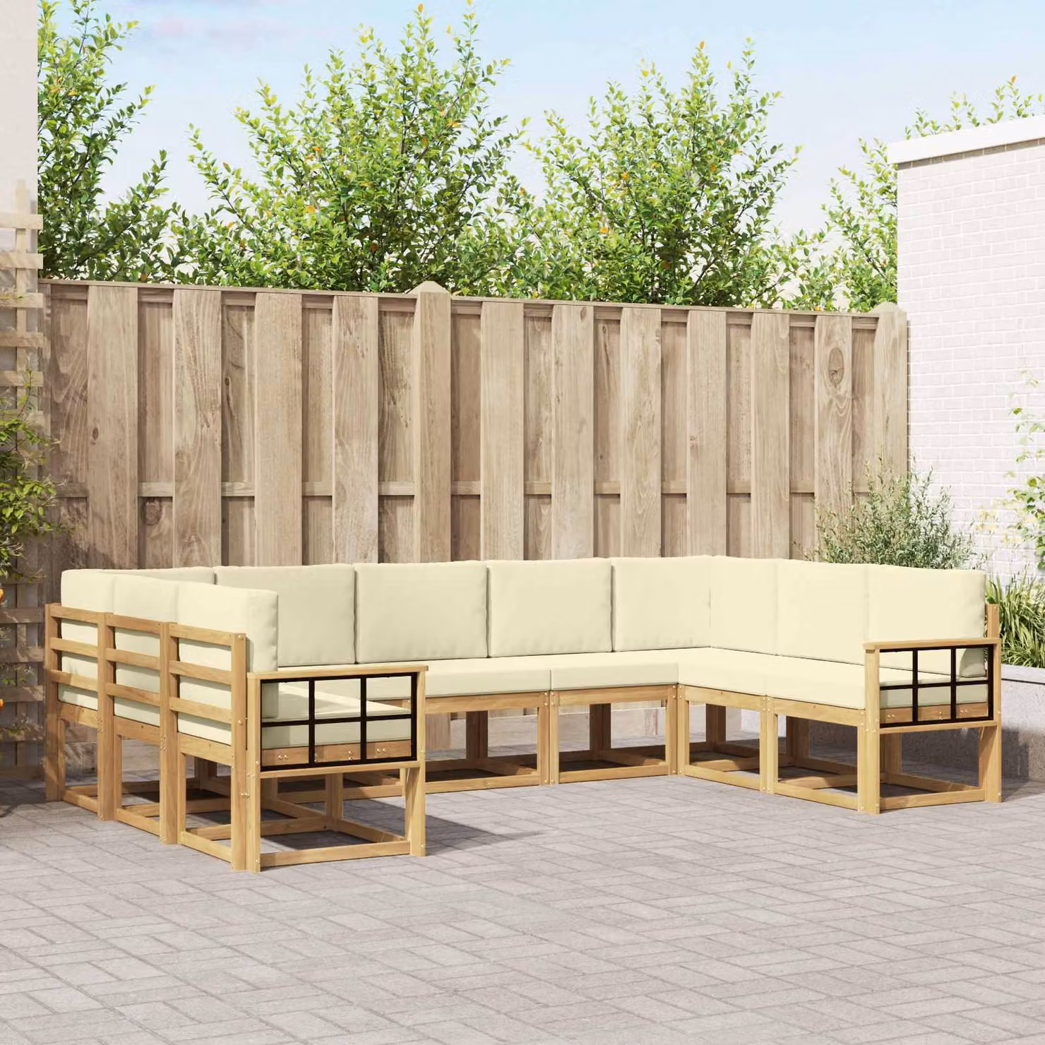 vidaXL Set di divani da esterno a forma di U in legno di acacia, 9 pezzi, Bianco e Beige