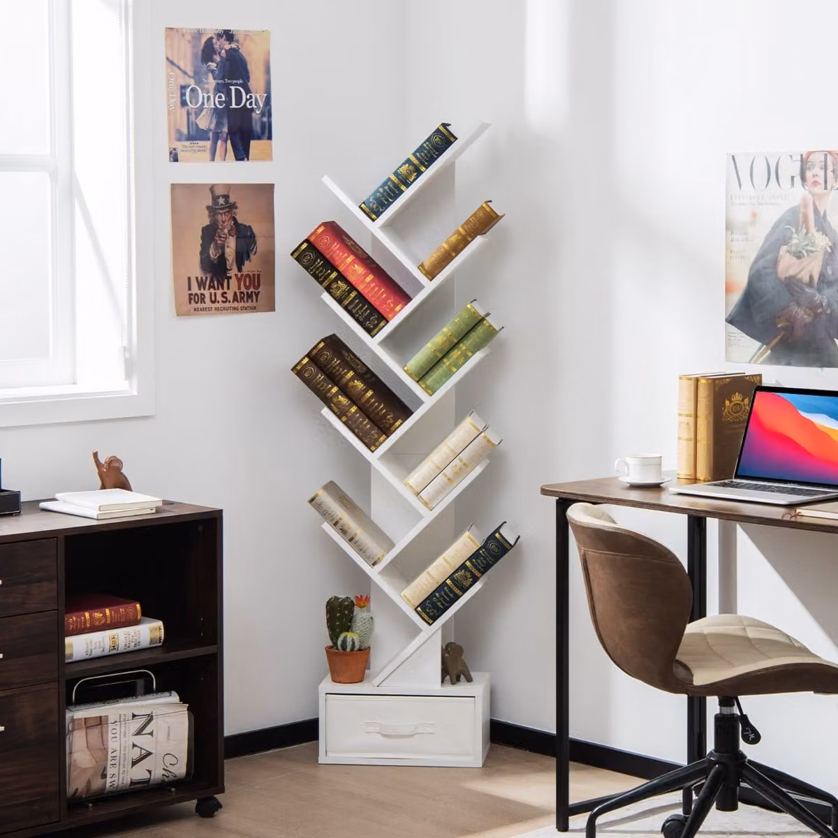 Scaffale ad albero Costway con 10 ripiani e cassetto, mobile da terra moderno in bianco per camera da letto, soggiorno o ufficio