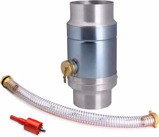 Raccoglitore di acqua di pioggia 100 mm con connessione da 45 cm per tubo di scarico e canaletta.