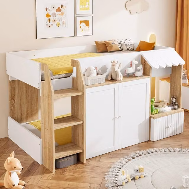 Letto a soppalco singolo OKWISH per bambini in legno e MDF con scala, ripiani laterali e struttura a casetta, bianco naturale, L/P/H: 200 x 90 x 175 cm